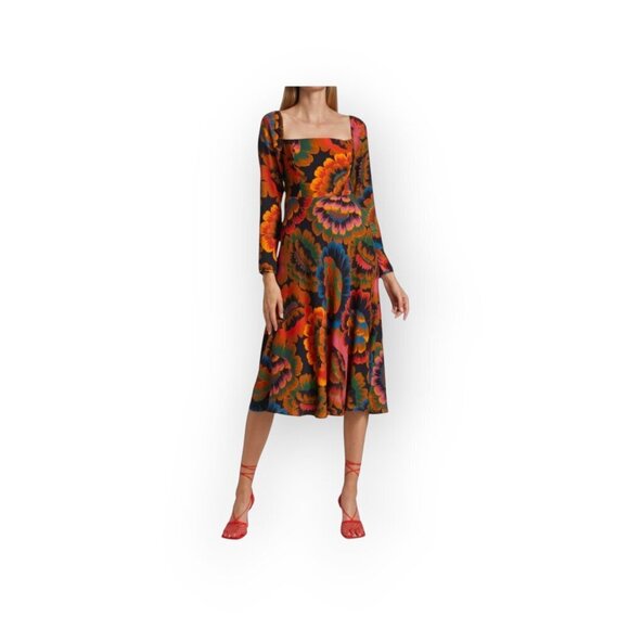 Farm Rio Floral Crepe Midi Dress Smocked Back Square Neck Viscose Size S - Picture 3 of 16